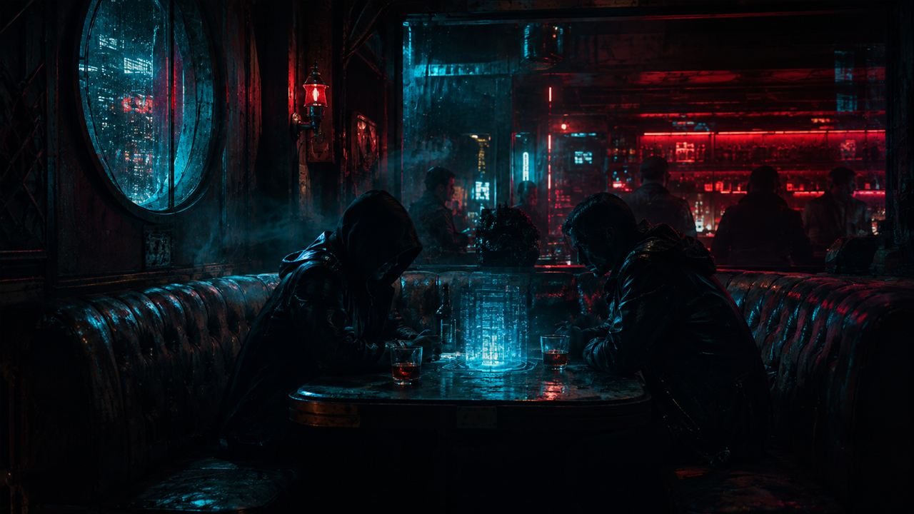 Intérieur d'un bar de fixers, deux silhouettes attablées autour d'un hologramme de contrat.