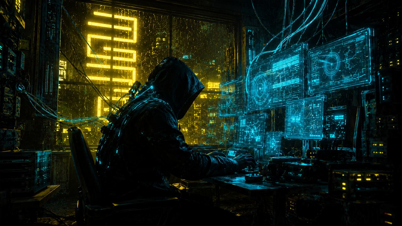 Un netrunner encapuchonné connecté à une rangée d'écrans holographiques de piratage.