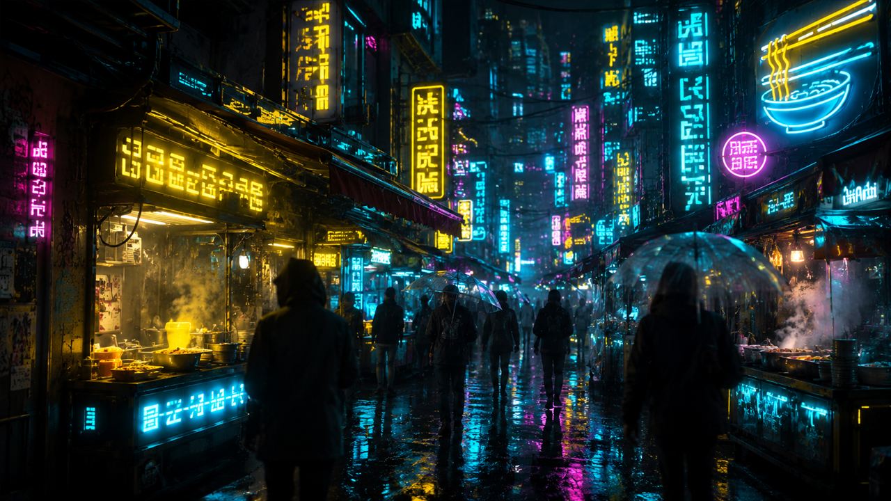 Une rue de Watson sous la pluie, enseignes au néon allumées.